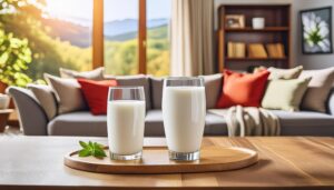 リビングルームに置かれた2つの牛乳のグラス