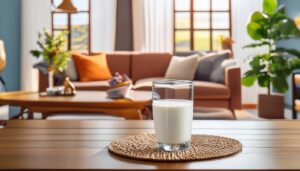 リビングルームのテーブルに置かれた牛乳のグラス
