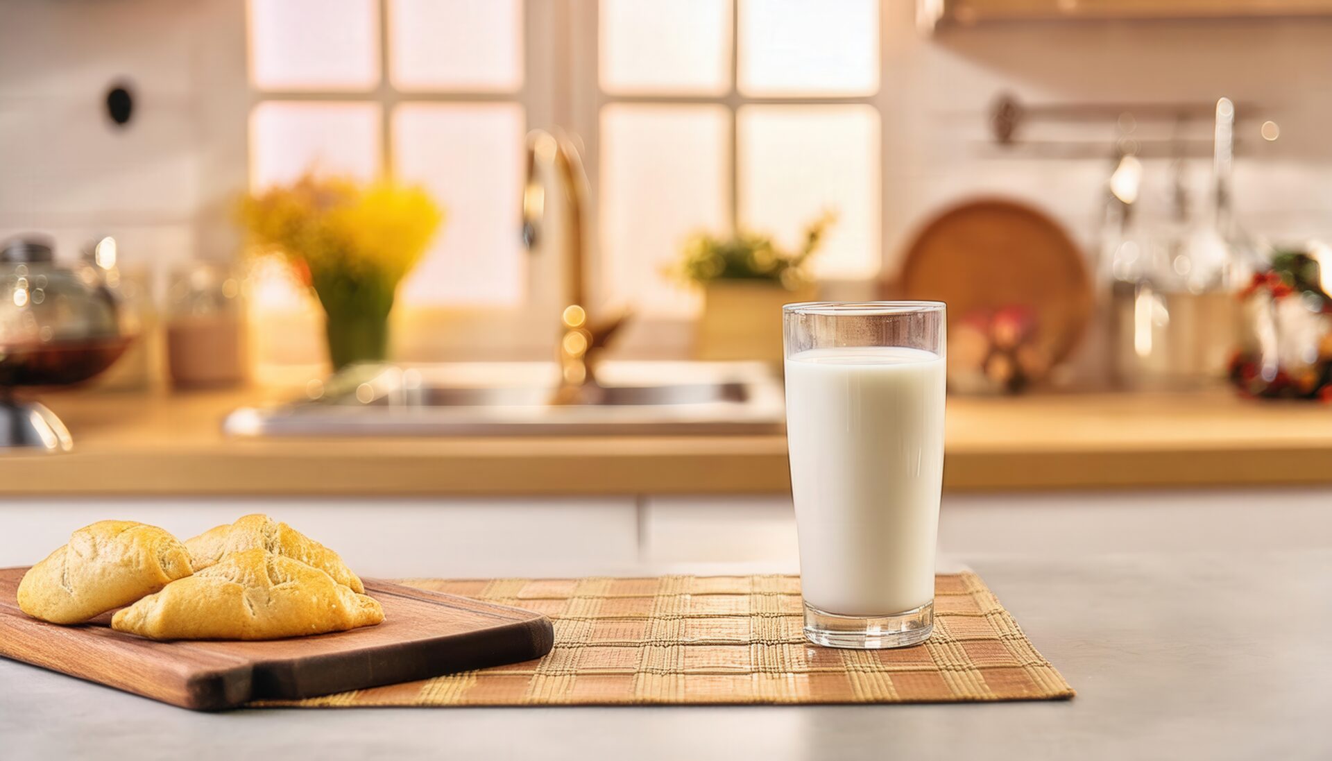 キッチンに置かれた牛乳とパン