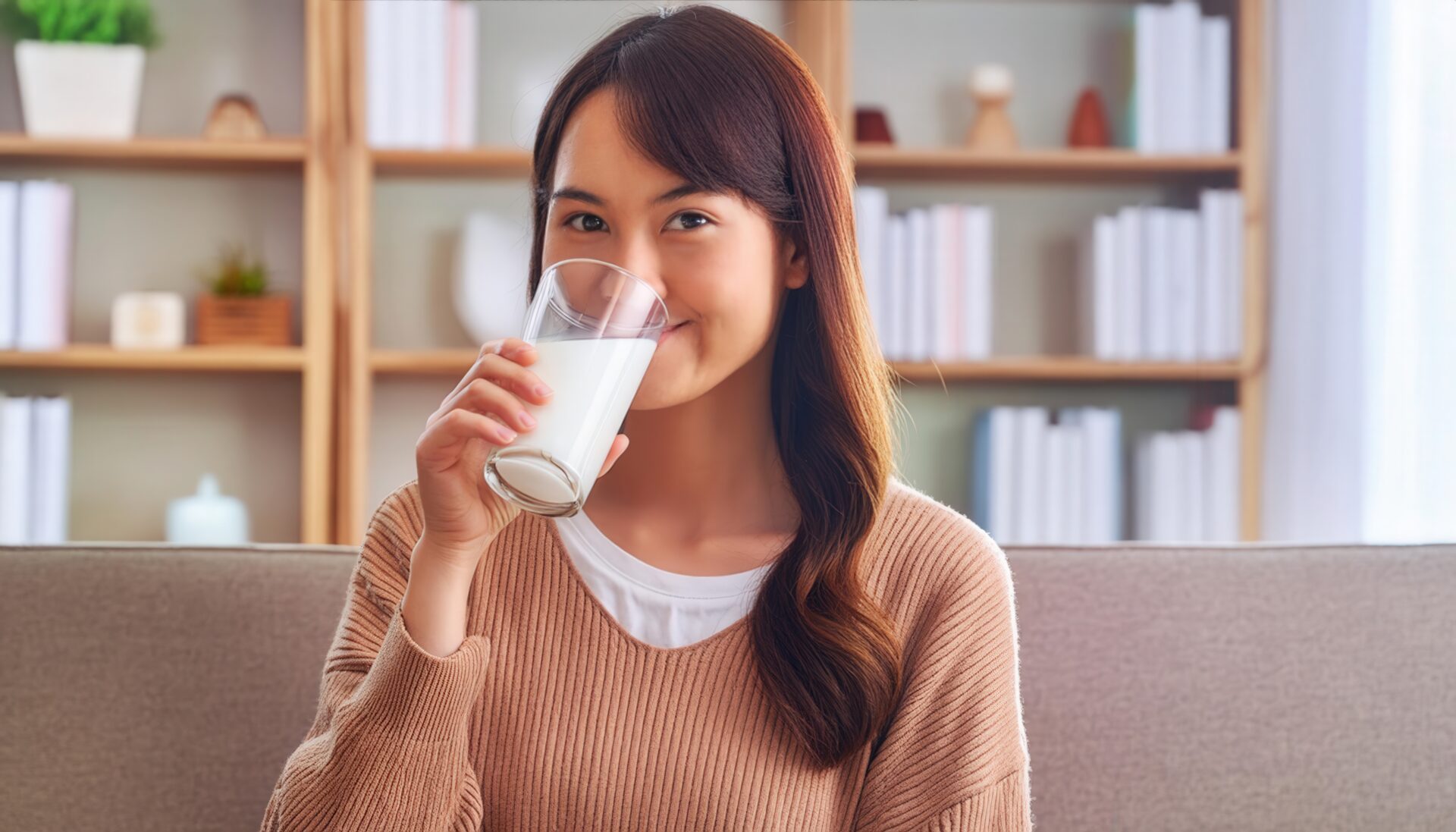 室内で牛乳を飲む若い女性（ソファに座って）