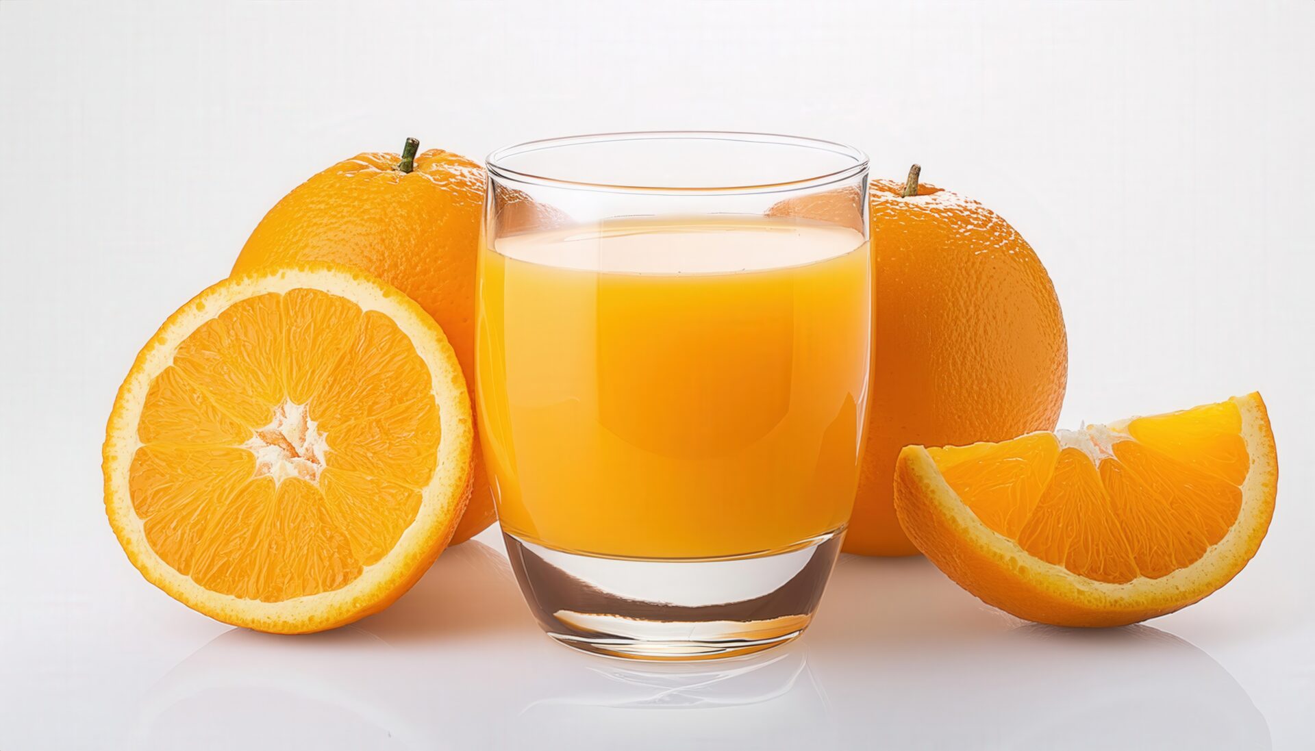 白背景でオレンジジュースとカットオレンジ