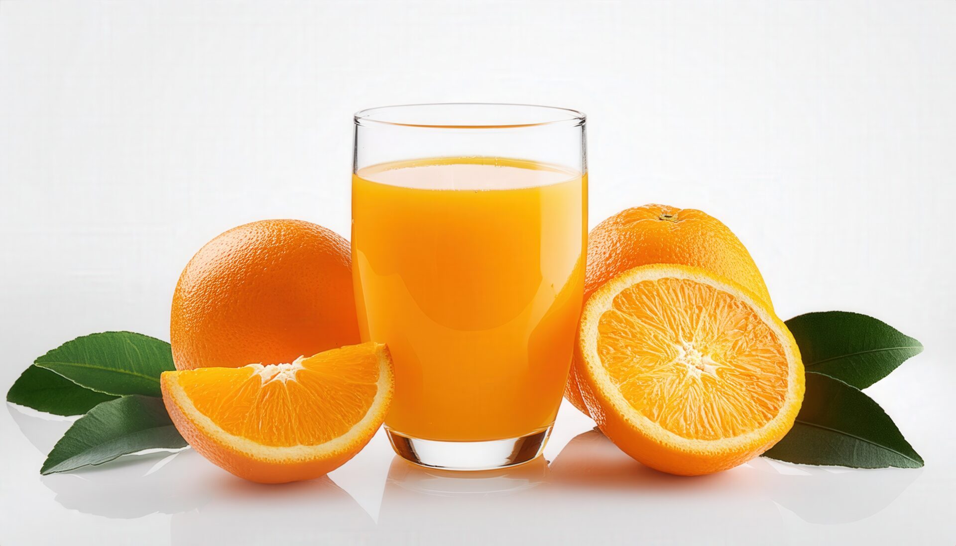 白背景でオレンジジュースと葉付きオレンジ