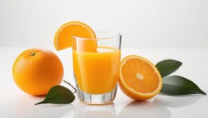 白背景でスライスを添えたオレンジジュース