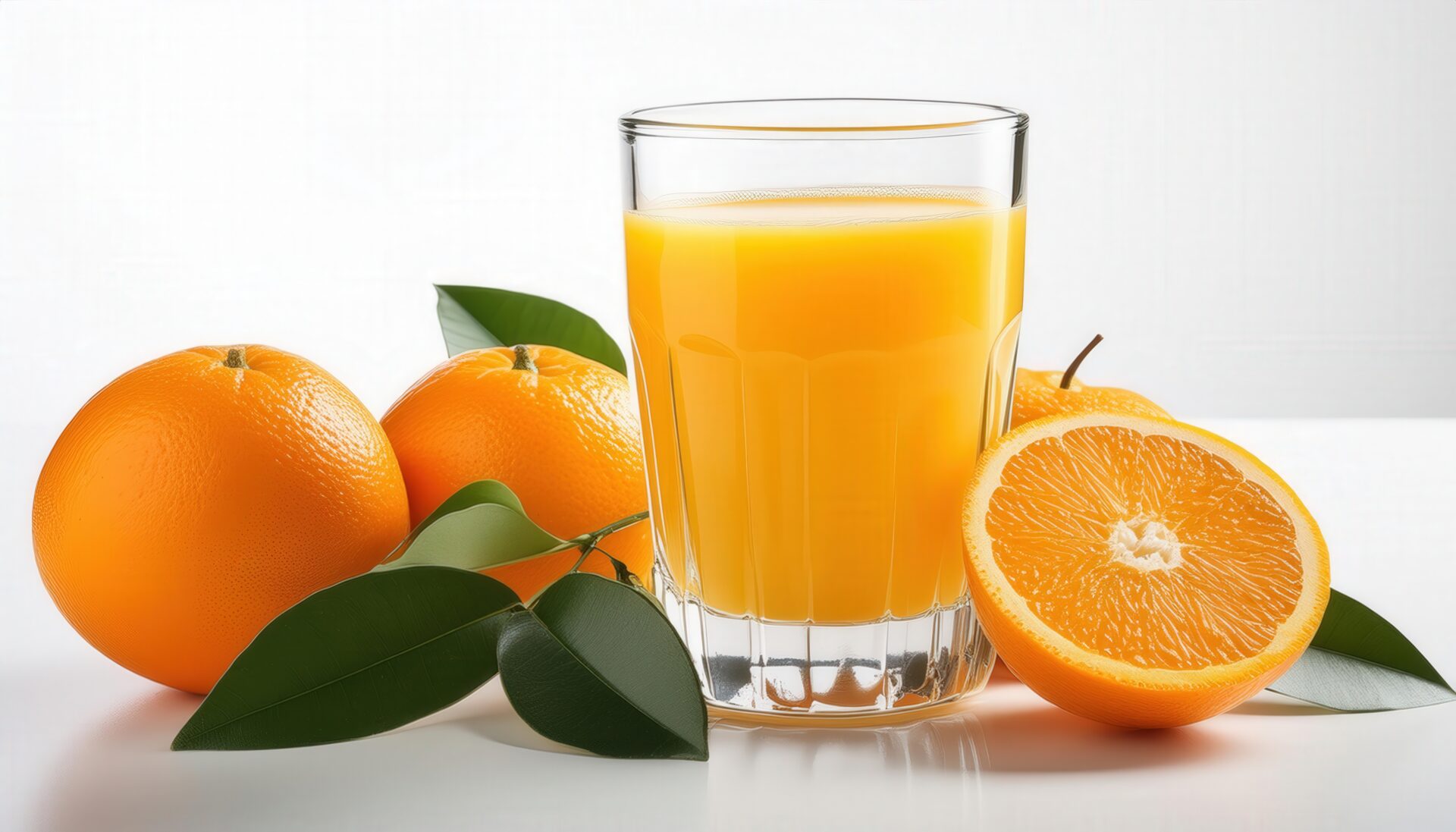 白背景でオレンジジュースとオレンジ（葉付き）