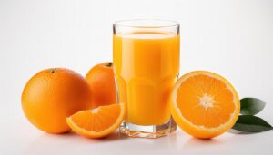 白背景でオレンジジュースとカットオレンジ