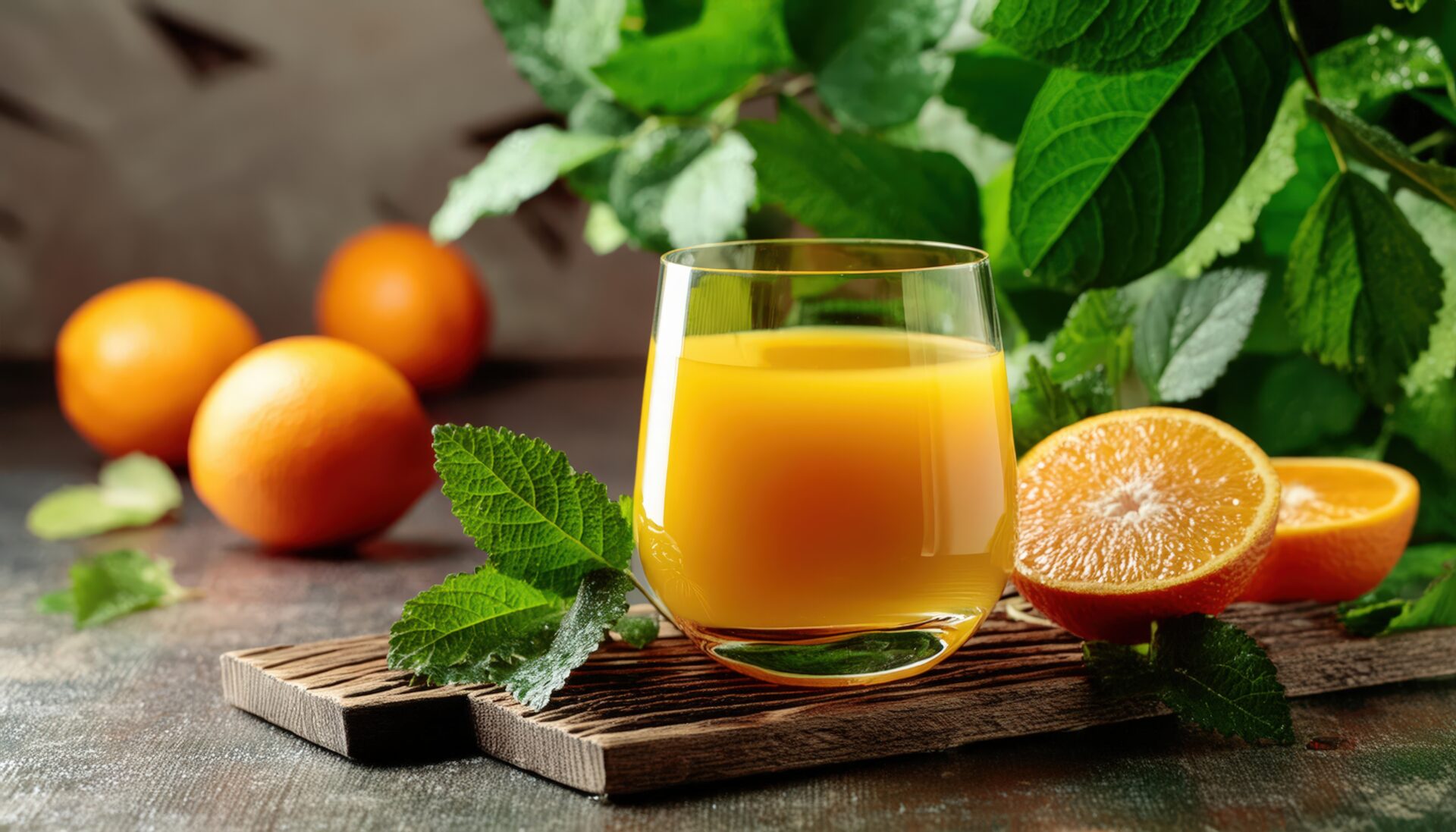 グリーンの葉を背景にしたオレンジジュース