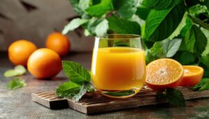 グリーンの葉を背景にしたオレンジジュース