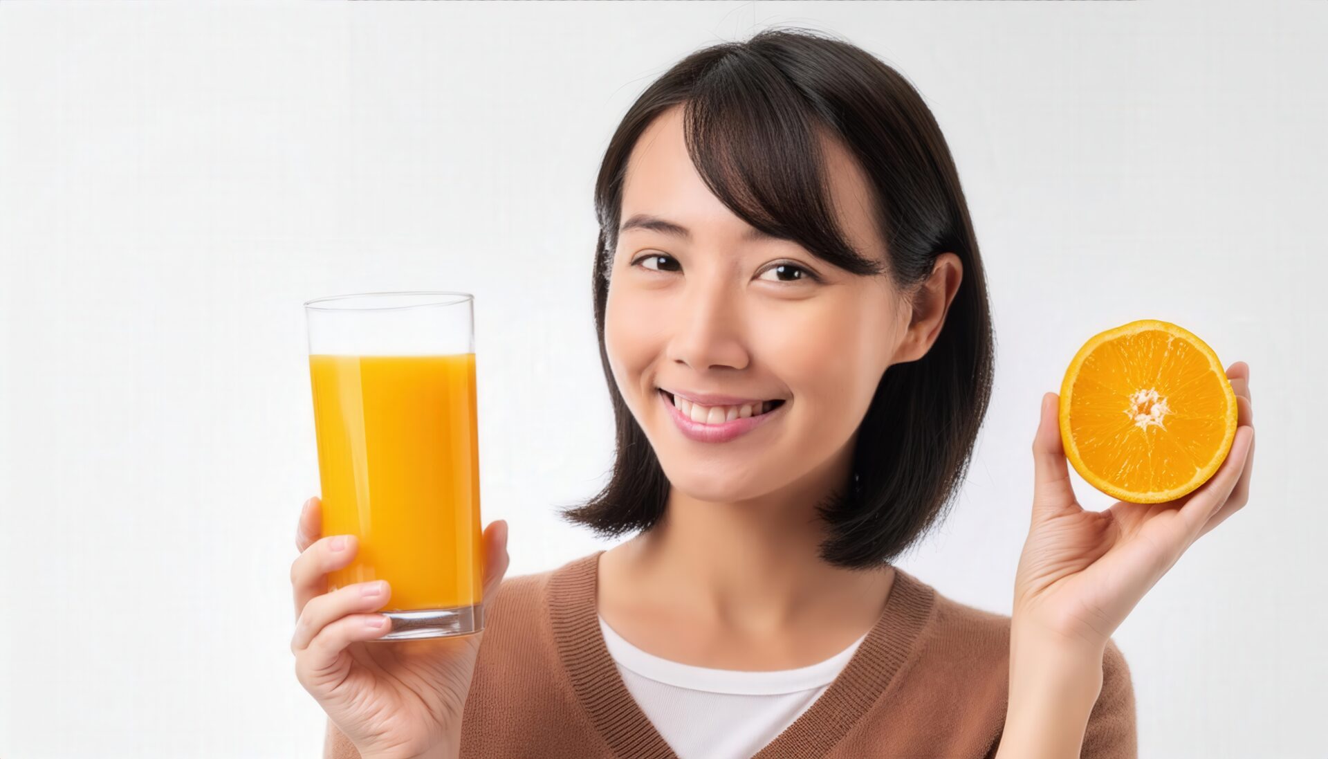 白背景でオレンジジュースとオレンジを持つ人物