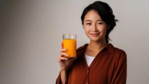 グレー背景でオレンジジュースを持つ大人