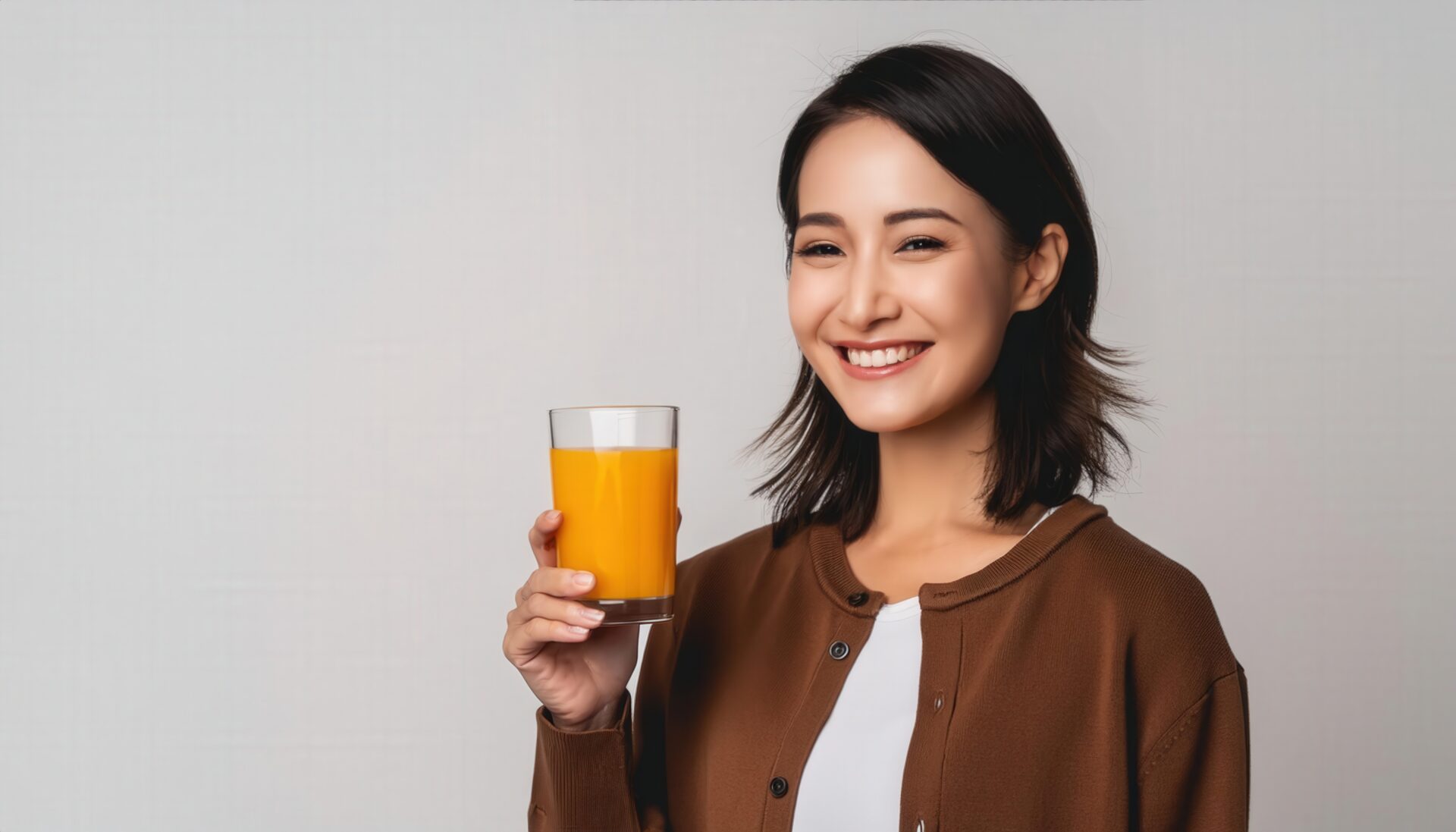 グレー背景でオレンジジュースを持つ大人