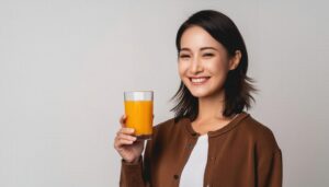 グレー背景でオレンジジュースを持つ大人