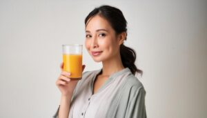グレー背景でオレンジジュースを持つ大人