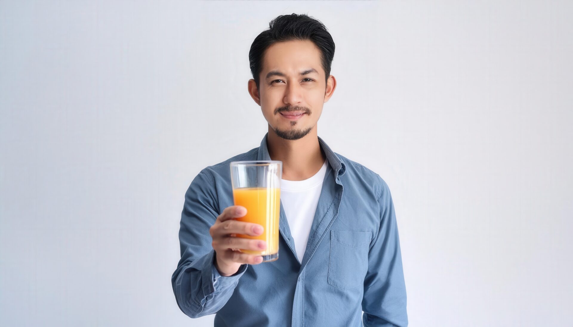 白背景でオレンジジュースを差し出す大人