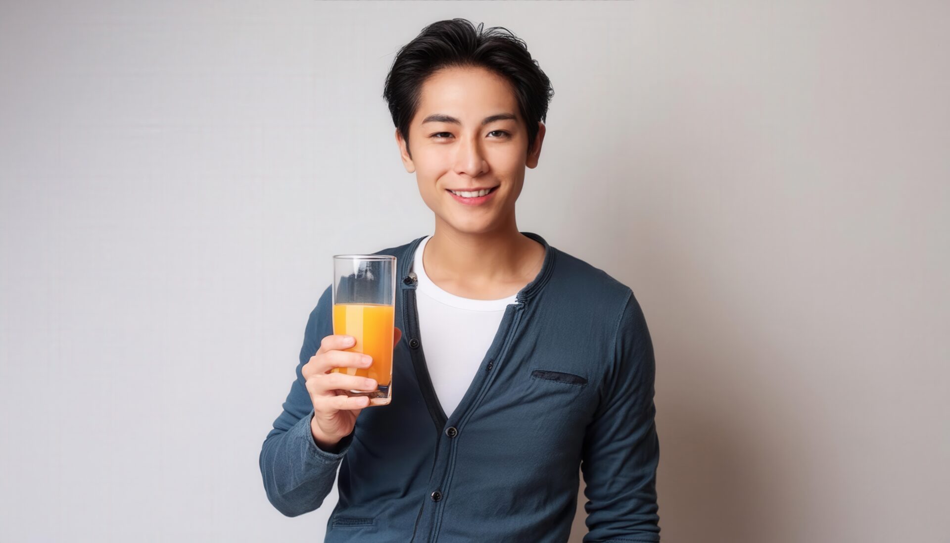 グレー背景でオレンジジュースを手に持つ笑顔の男性
