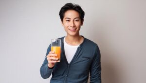 グレー背景でオレンジジュースを手に持つ笑顔の男性