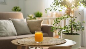 明るいリビングに置かれたオレンジジュース