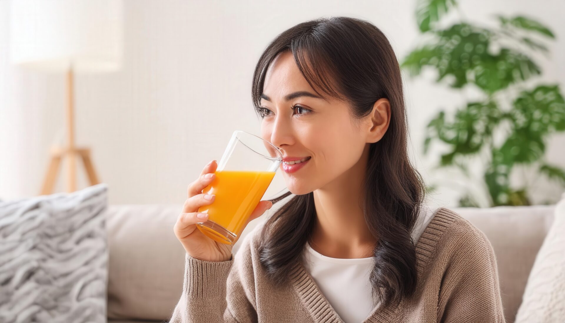 リビングでオレンジジュースを飲む笑顔の女性
