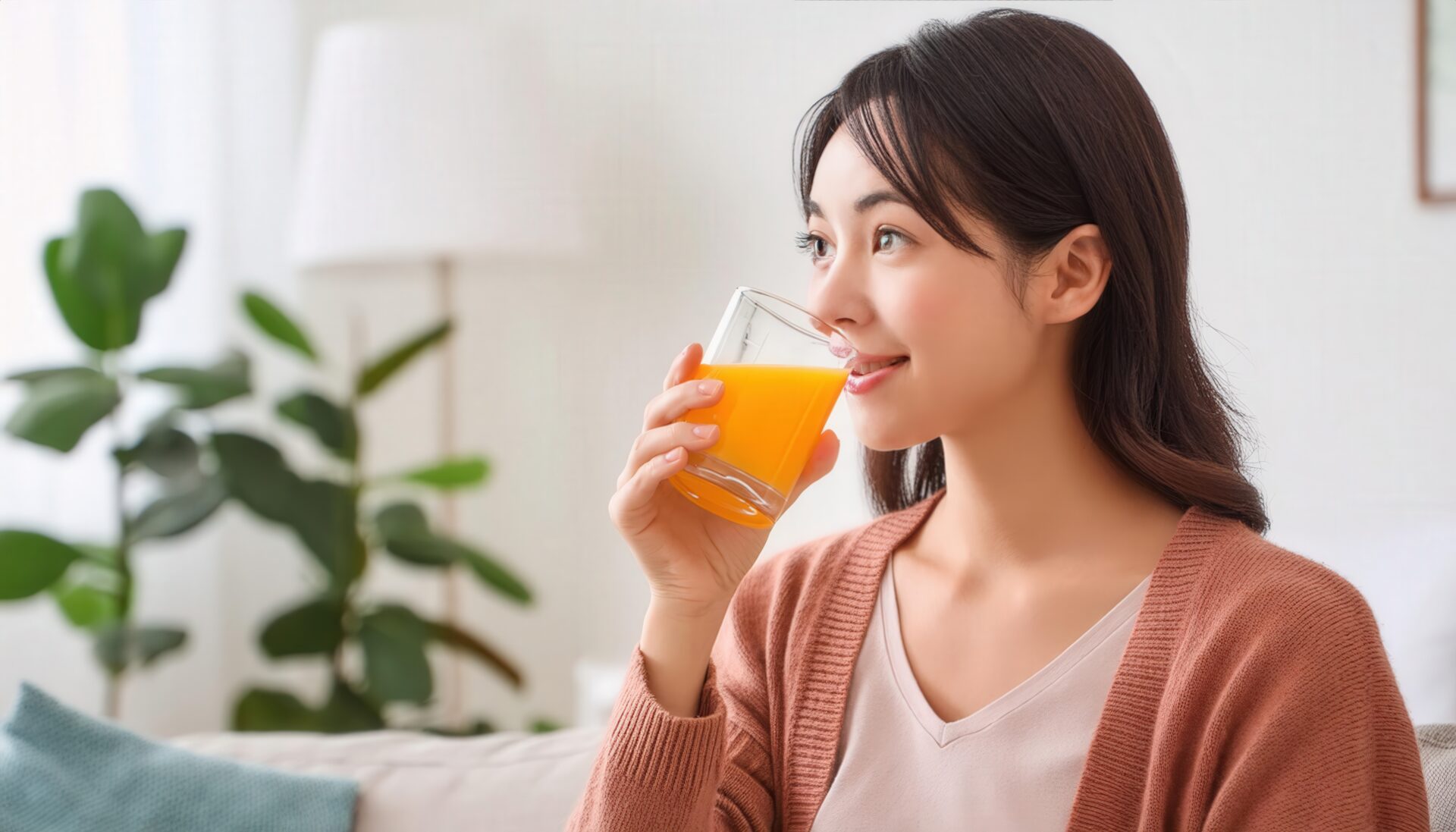リビングでオレンジジュースを飲む笑顔の若い女性