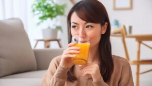 リビングでオレンジジュースを飲む笑顔の若い女性