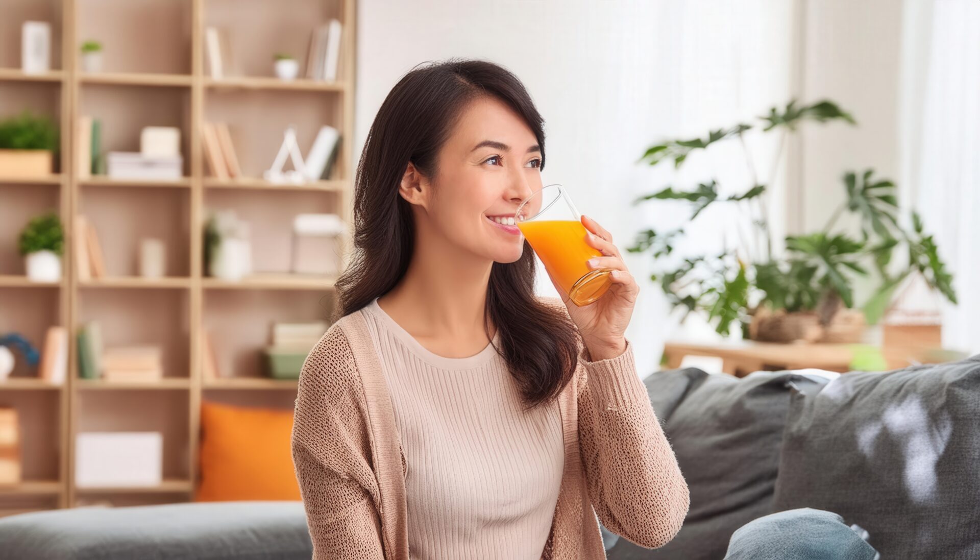 明るい部屋でオレンジジュースを飲む笑顔の女性