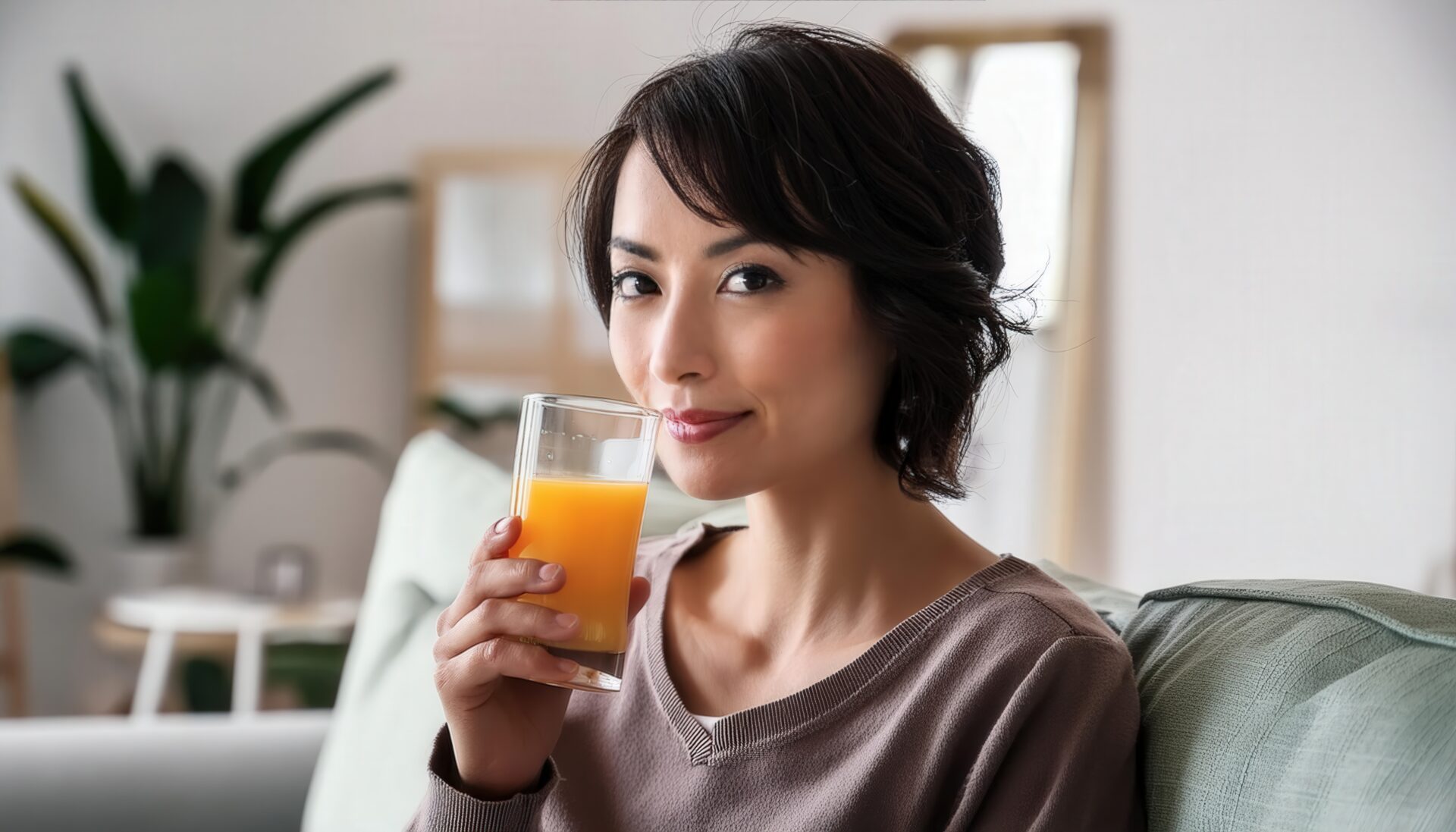 落ち着いたリビングでオレンジジュースを飲む笑顔の大人の女性