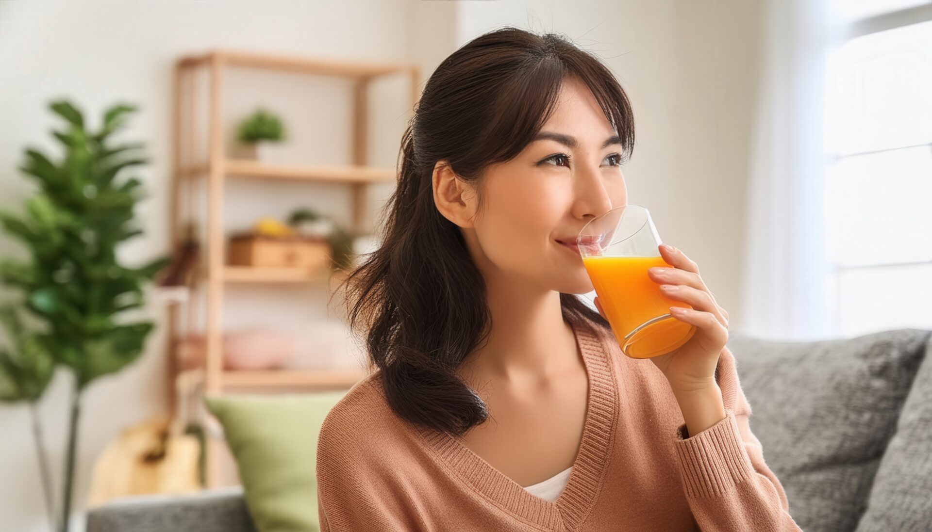 ナチュラルなインテリアでオレンジジュースを飲む笑顔の女性