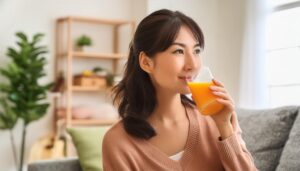 ナチュラルなインテリアでオレンジジュースを飲む笑顔の女性