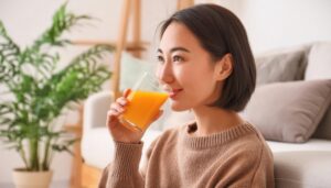 室内でオレンジジュースを飲む笑顔の女性