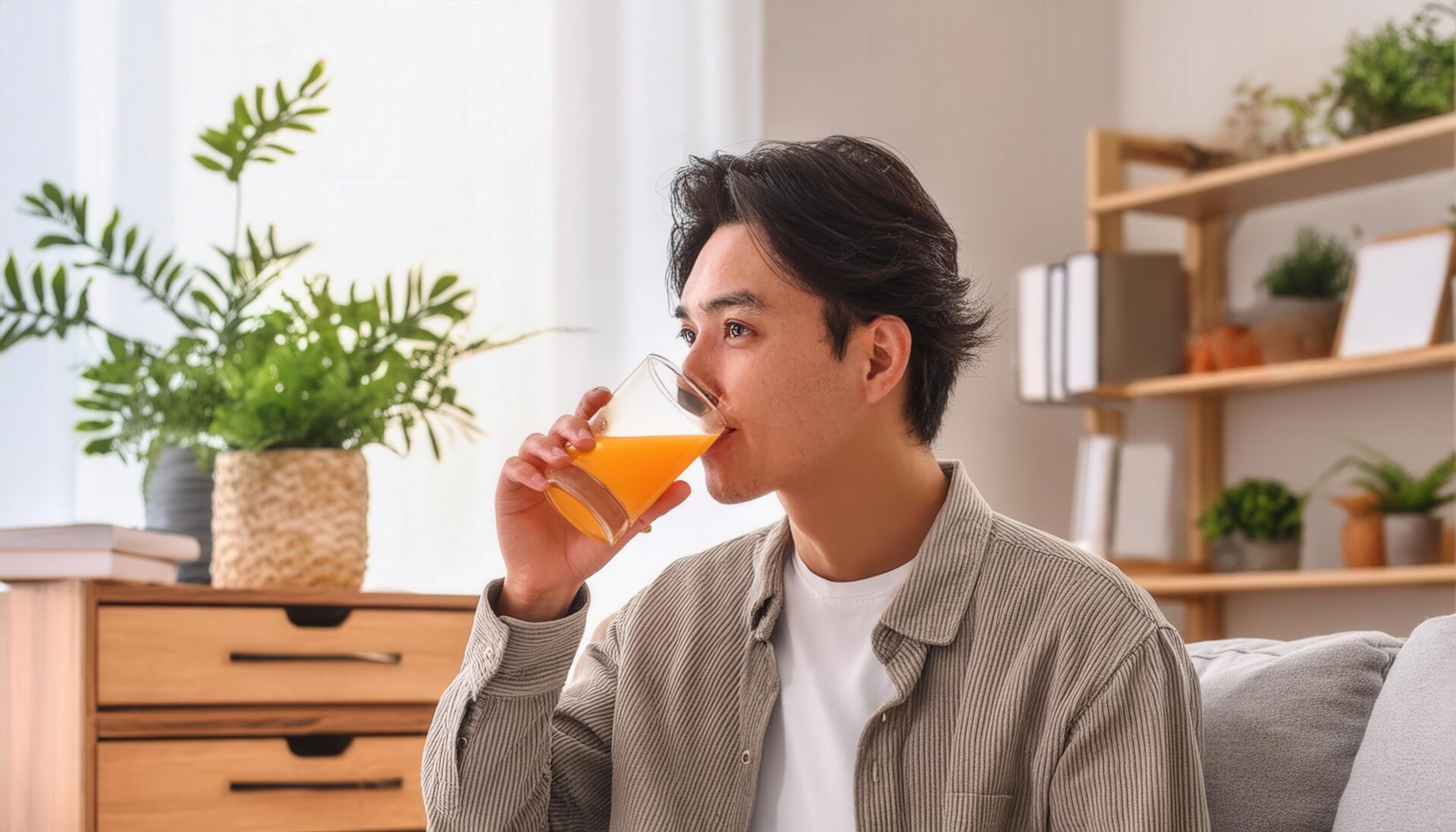 明るい部屋でオレンジジュースを飲む笑顔の男性
