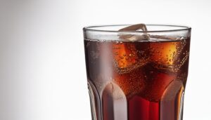 氷と水滴が映えるコーラのグラスを中央配置