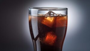 暗いグラデーション背景の気泡入りコーラクローズアップ