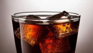 淡い無地背景に氷入りコーラを中央配置