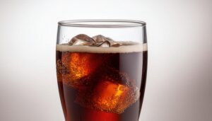 泡と気泡が見える氷入りコーラのグラス