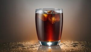 水滴と反射するテーブルに囲まれたコーラのグラス