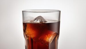 水滴が付いたグラスの気泡立つ氷入りコーラ