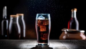 暗い背景で泡立つコーラのグラス