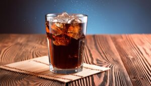 木製コースターに置かれたコーラのグラス