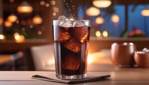 店内風の背景で氷入りコーラが入ったグラス