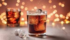 きらめく背景で氷入りの黒い炭酸飲料が入ったグラス