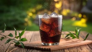 緑の背景で茶葉を添えた黒い炭酸飲料のグラス