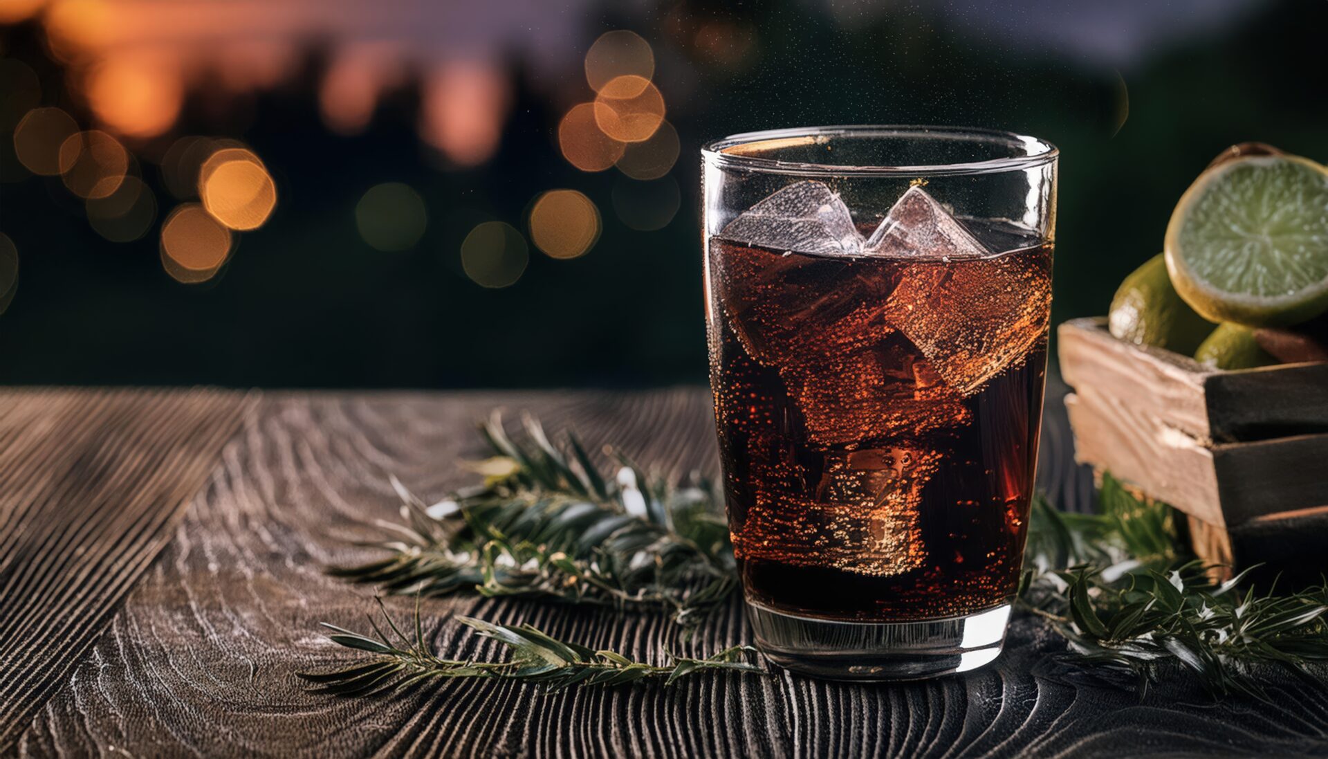 夜景を背景にライムを添えた黒い炭酸飲料のグラス