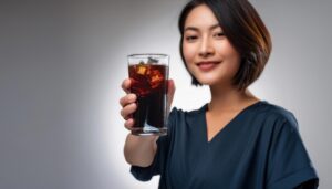 グレー背景で黒い炭酸飲料のグラスを手に持つ若い女性