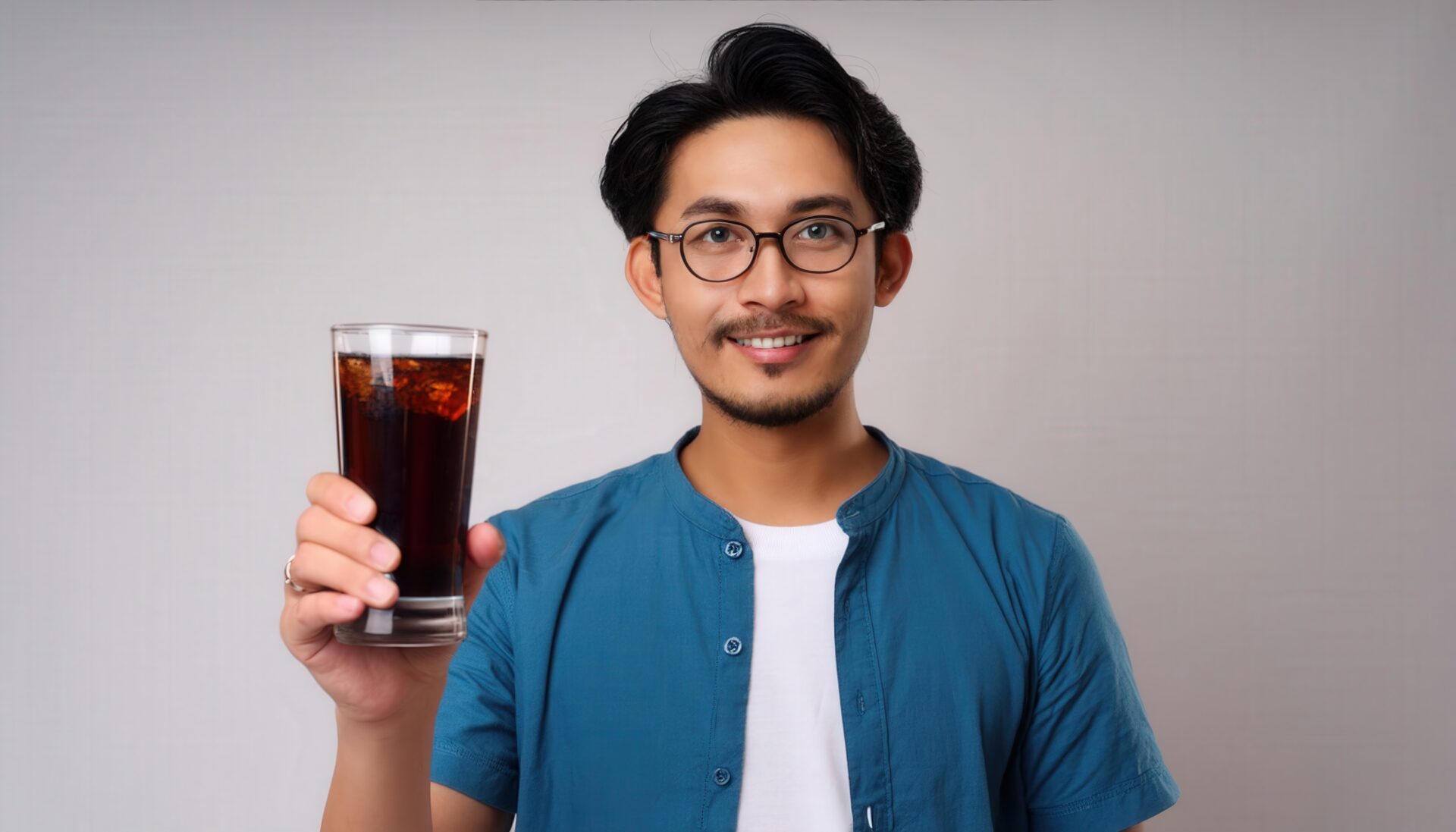 白背景で黒い炭酸飲料のグラスを差し出すメガネの若い男性