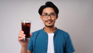 白背景で黒い炭酸飲料のグラスを差し出すメガネの若い男性