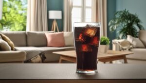 室内のテーブルに置かれた黒い炭酸飲料