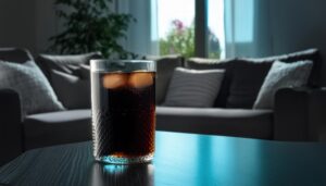 暗めのリビングに置かれた黒い炭酸飲料