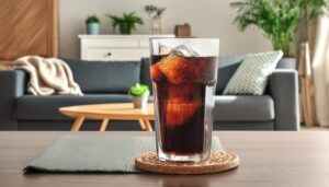 木製コースターに乗せた黒い炭酸飲料のグラスとリビング