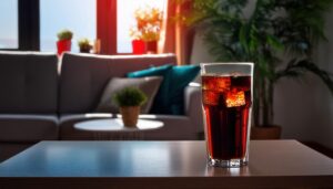 夕日が差すリビングに置かれた黒い炭酸飲料