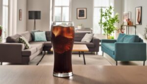 明るいリビングに置かれた黒い炭酸飲料