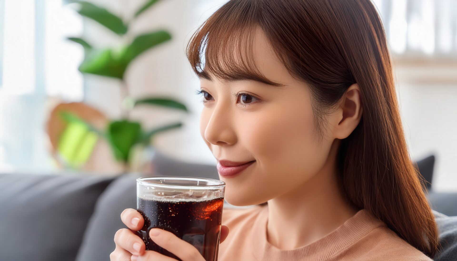 黒い炭酸飲料を飲む人物の横顔